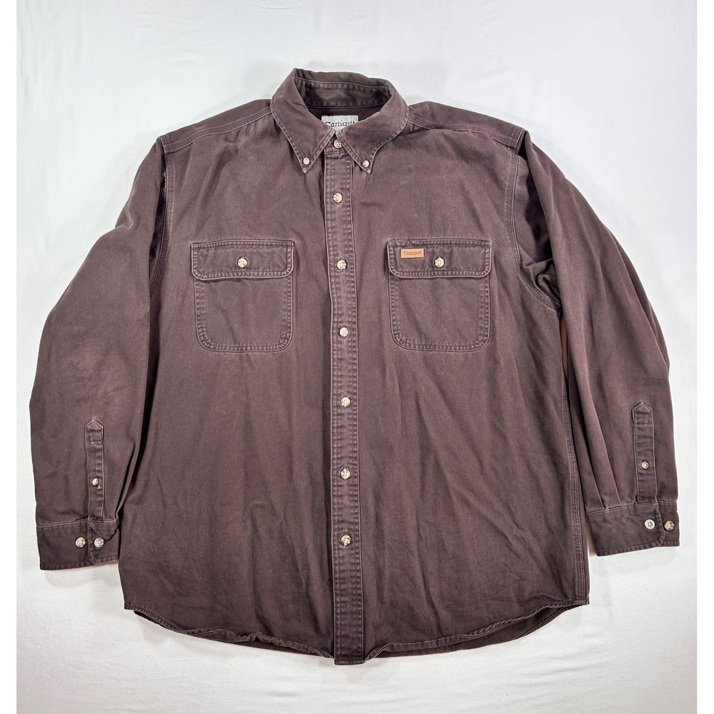Carhartt Mens Large Long Sleeve Button Down Work Shirt Brown Cotton Canvas L